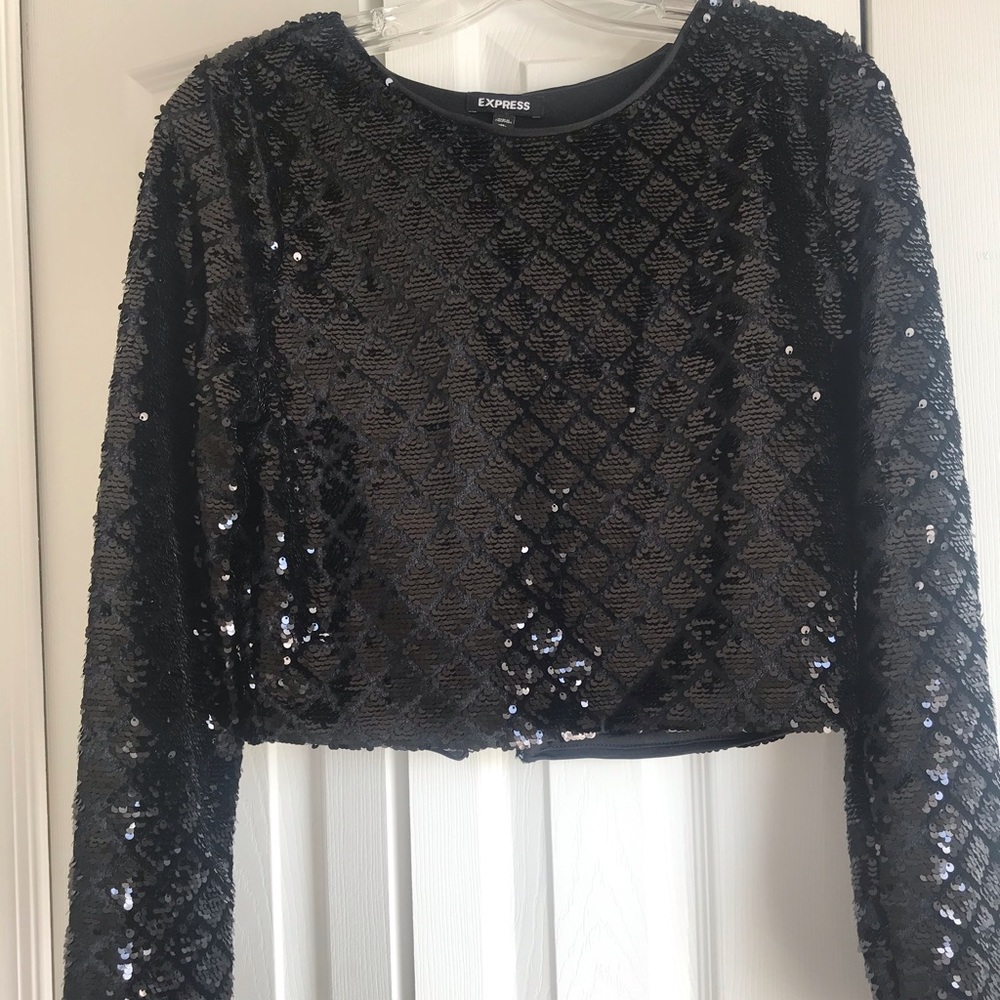 Express Black Sequin Crop Top